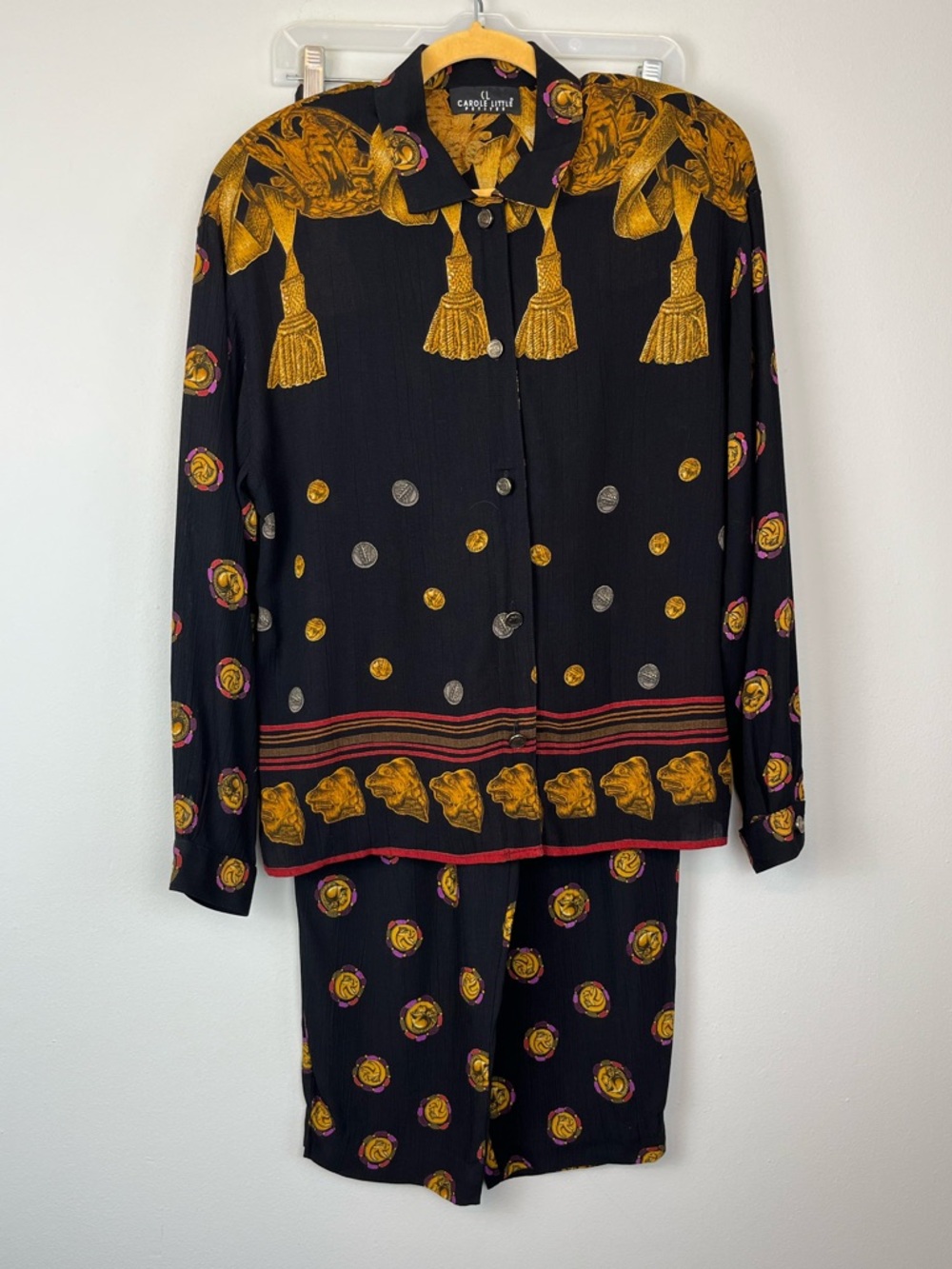 Rare Carole Little Vintage Button Top & Pants Set Lion Warrior Tassel Print 10/M